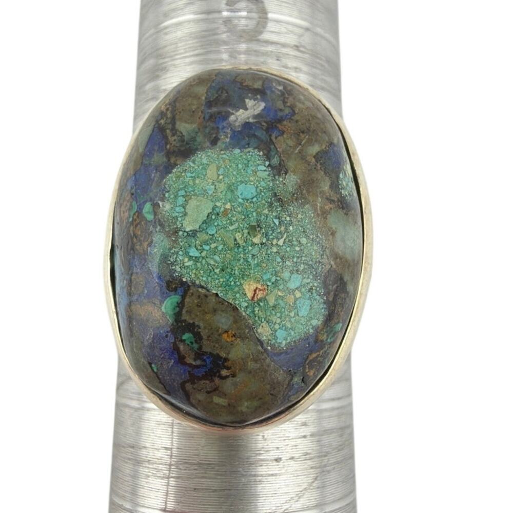Oval Azurite Chrysocolla 925 Sterling Silver Statement Ring Size 7